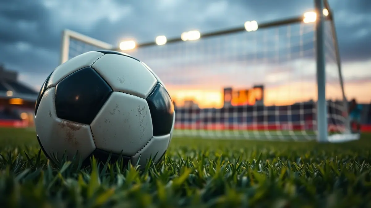 Generic image of a soccer ball on a field, with a blurred goal net in the background.