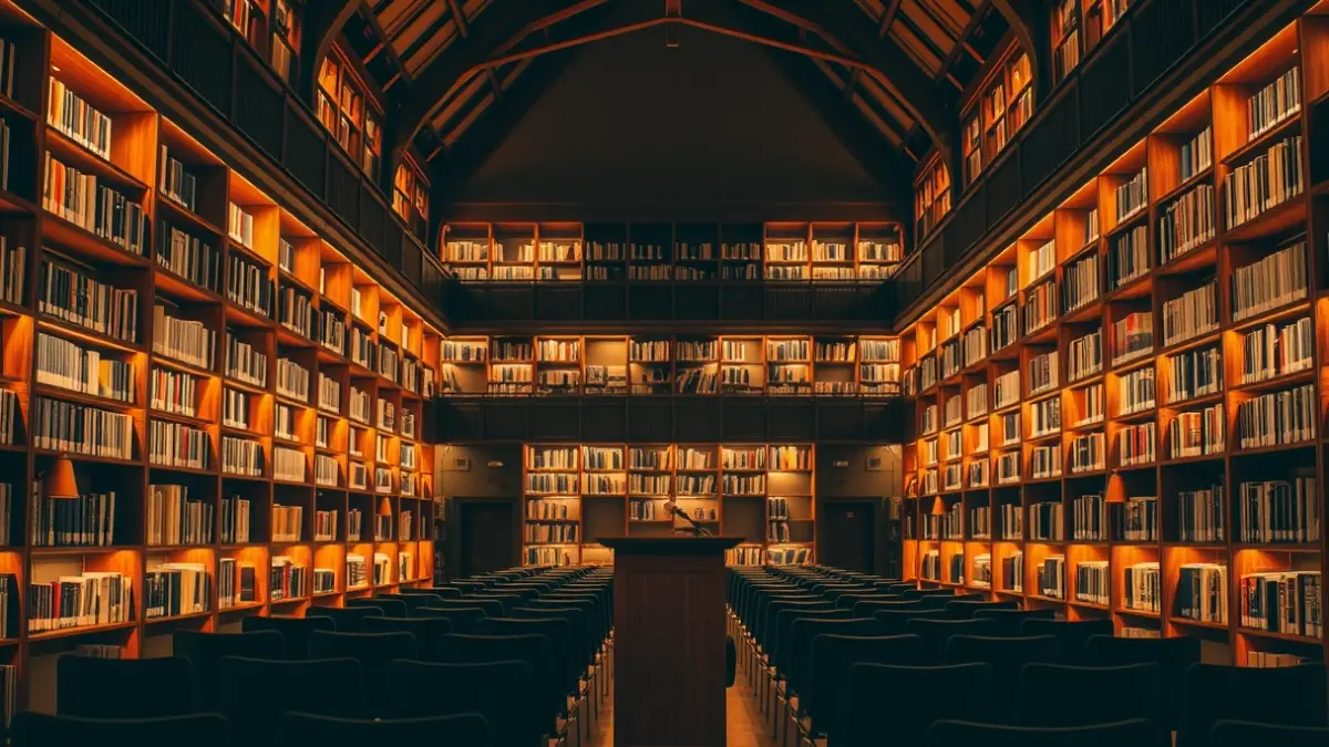 Irudi generikoa liburutegi baten barrualdekoa, egurrezko apalategiekin eta mikrofono batekin.