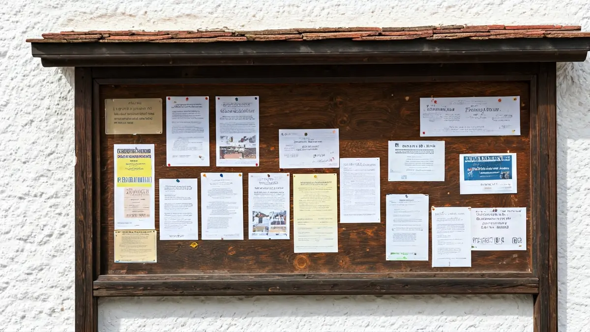 Alkizako herri-iragarki-taula bat, herritarren parte-hartzea sustatzeko iragarkiekin.