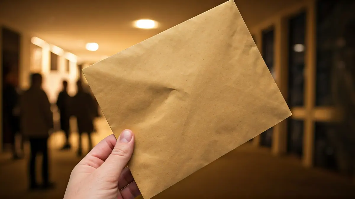 Imagen genérica de un sobre de burofax en una mano, con un edificio de apartamentos borroso al fondo.