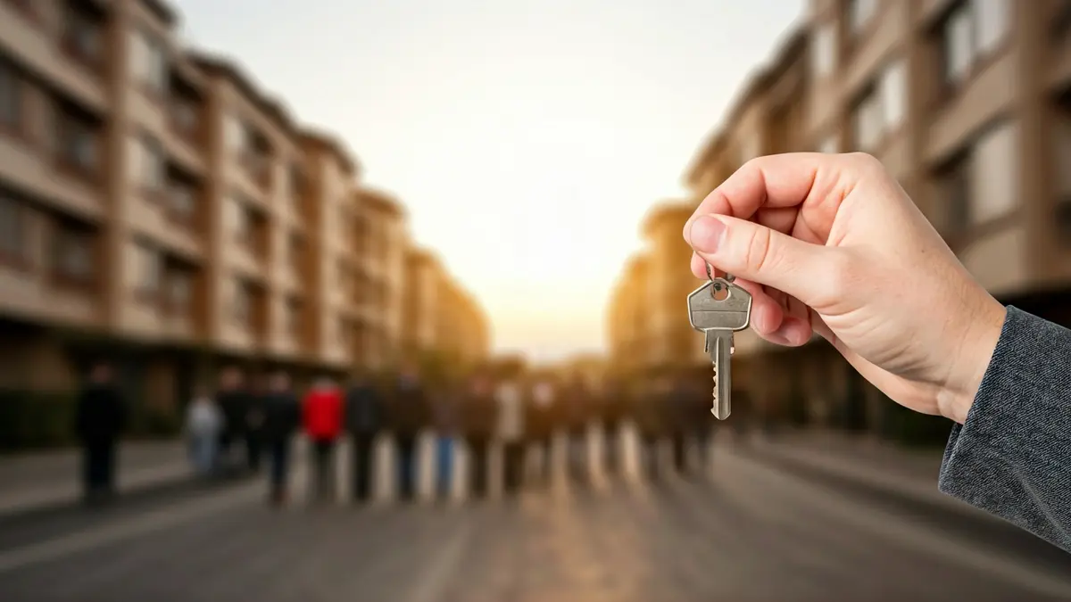 Irudi generikoa etxebizitza baten giltza esku batean duela, atzealdean eraikinak lausotuta.