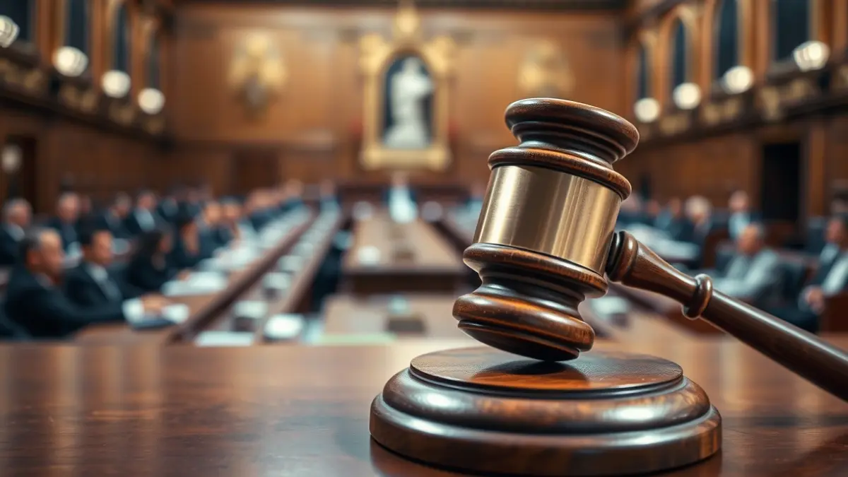 Imagen genérica de un mazo sobre un escritorio de madera, con una sesión parlamentaria difuminada al fondo.