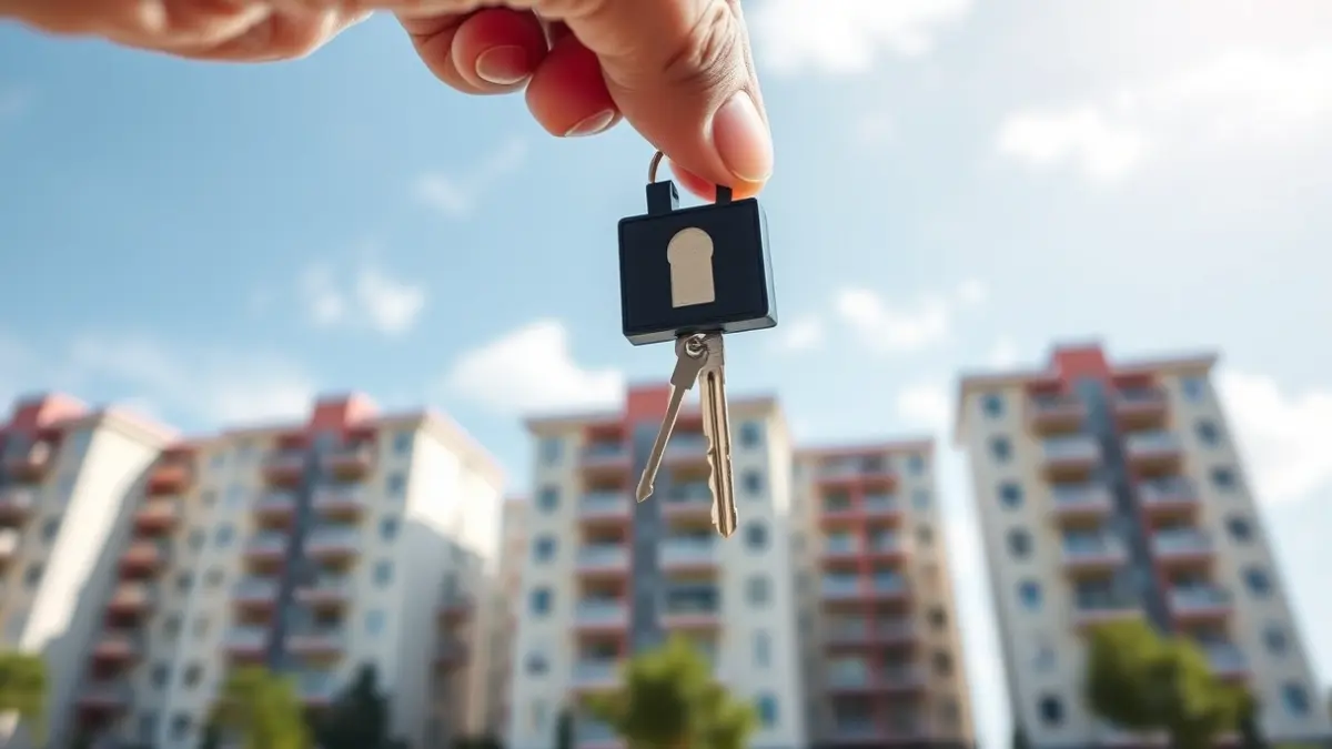 Imagen genérica de una llave de casa en una mano, con edificios borrosos al fondo.