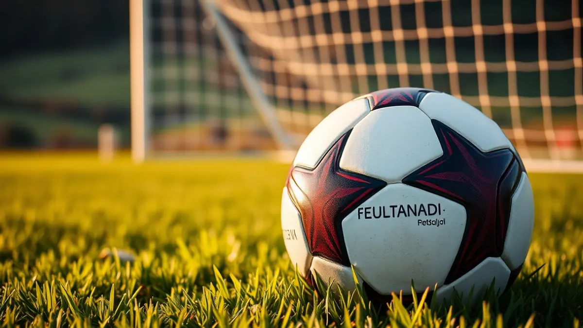 Generic image of a soccer ball on grass, with a blurred goal net in the background.
