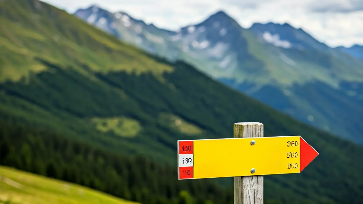 Irudi generikoa mendiko paisaia batean dagoen seinale baten, abentura eta esplorazioa iradokitzen duena.
