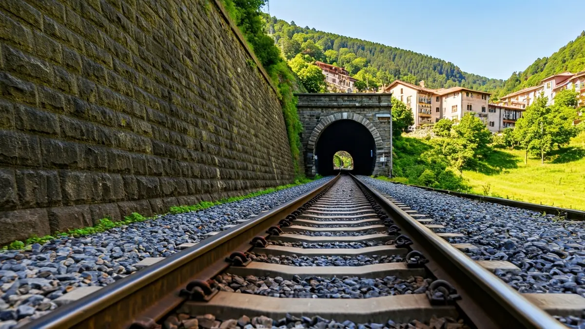 Train tracks leading into a tunnel, with traditional Basque architecture and green hills in the background.