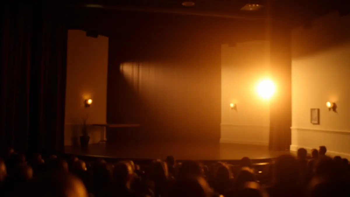 Antzerki-eszenatoki baten irudi generikoa, foku bakar batekin eta etxeko barrualdea iradokitzen duten atrezzo minimalistarekin.