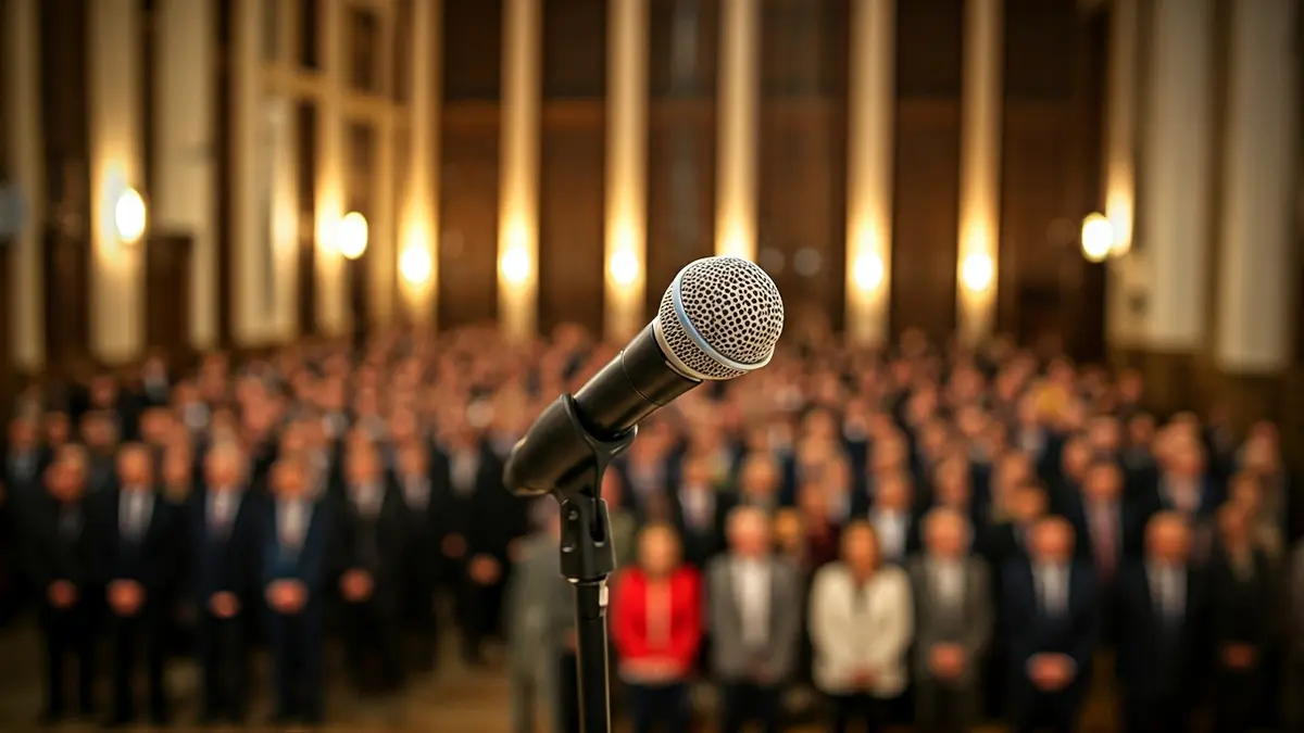 Irudi generikoa mikrofono baten podiumean, iragarki politiko bat irudikatuz.