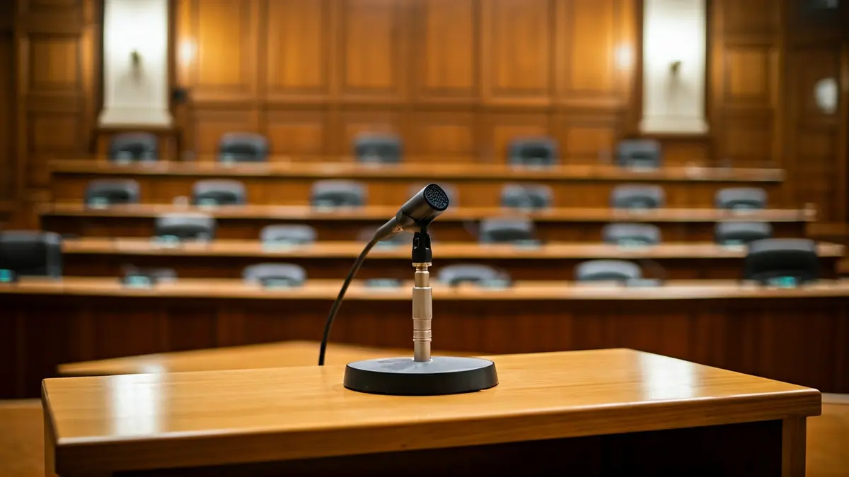 Irudi generikoa udaletxeko areto bateko mikrofono batena, hutsik dagoen aretoan.