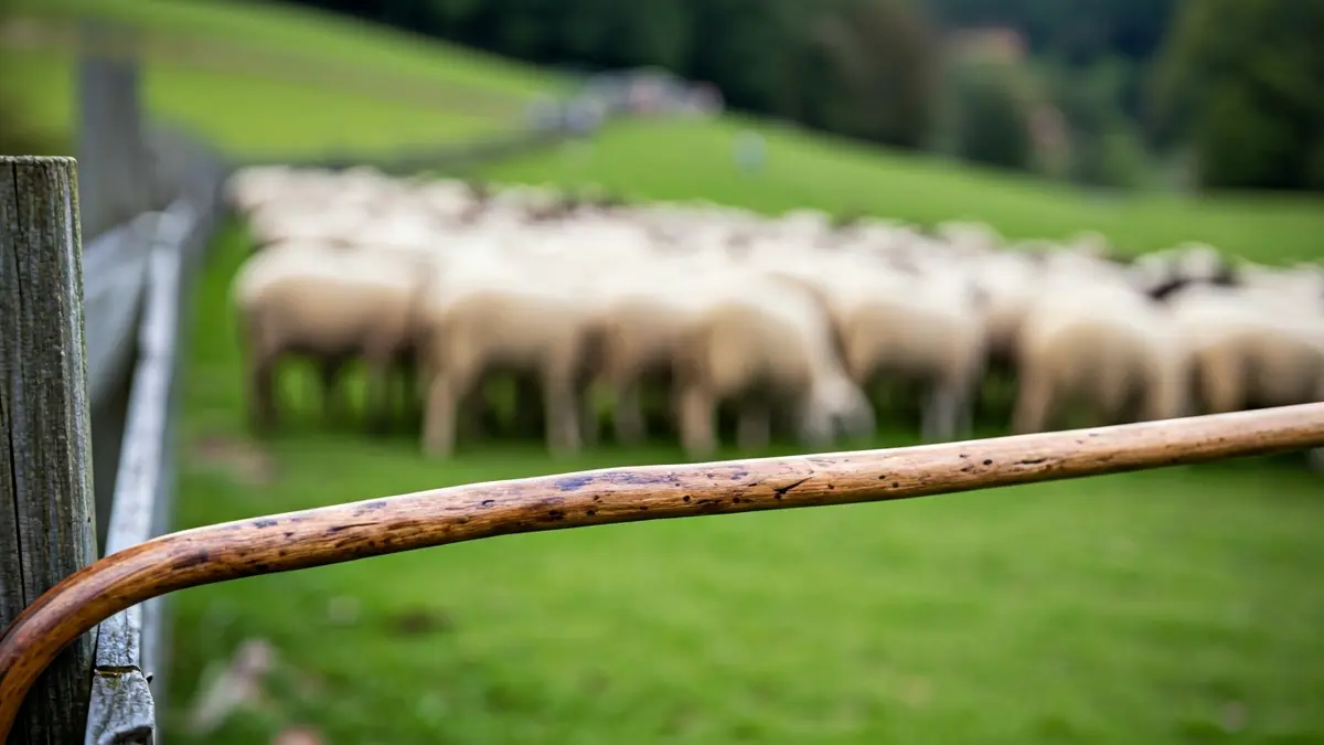 A shepherd's crook leaning against a wooden fence in a green Euskadi landscape, with blurred sheep in the background.