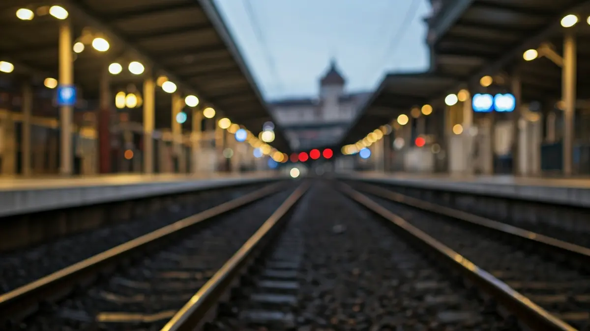 Emergency lights reflecting on wet train tracks at a station platform at dawn.