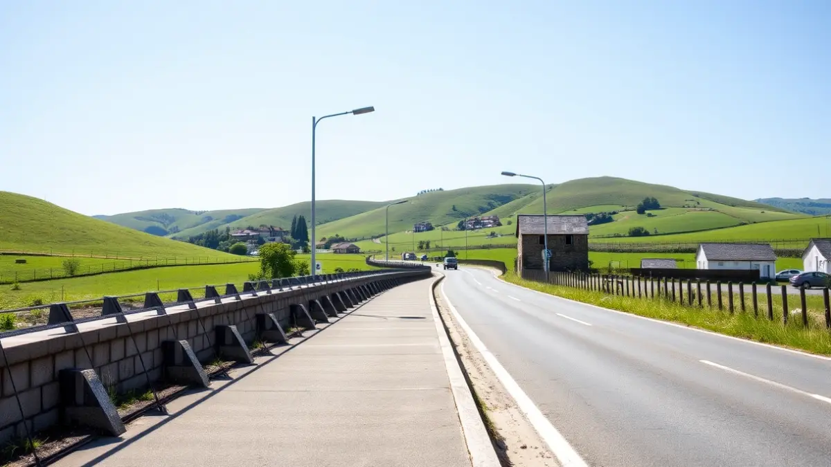 Amasa eta Villabona arteko oinezkoentzako bide berria eta errepide zabaldua, Euskal Herriko paisaia berdearekin.