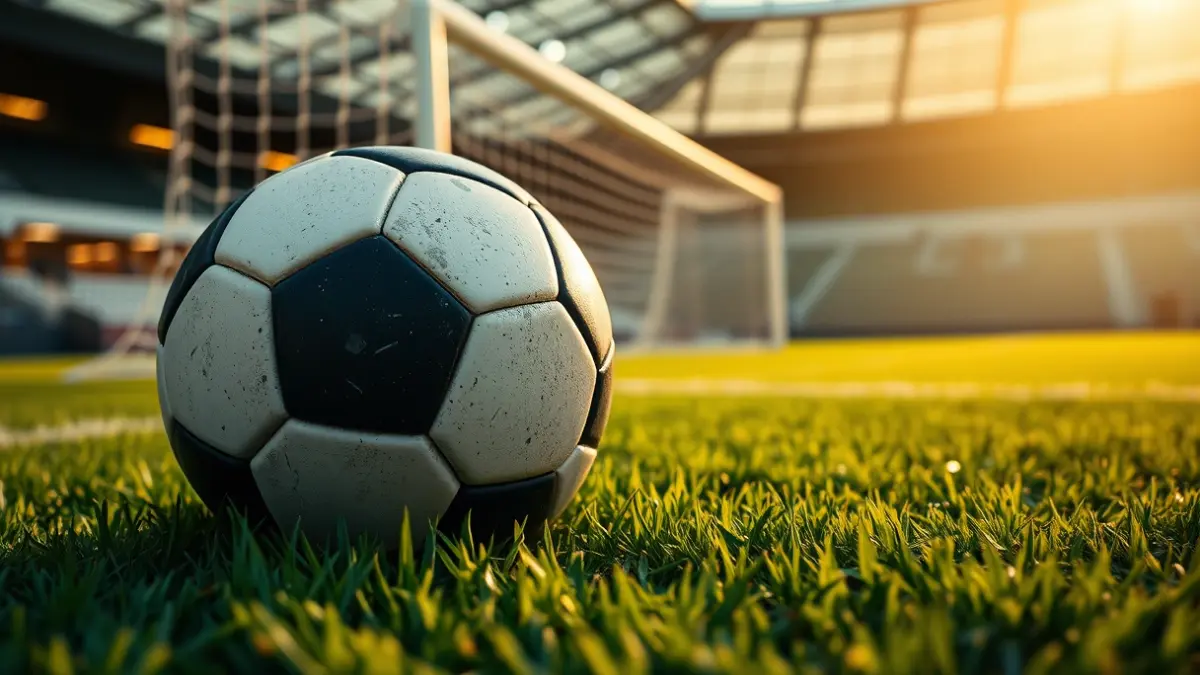Imagen genérica de un balón de fútbol en un campo verde, con la portería difuminada al fondo.