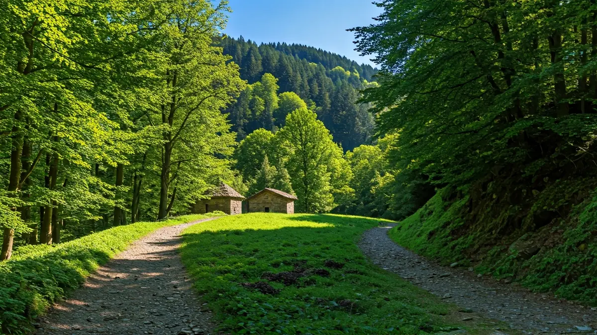 Generic image of a mountain path in a green forest, with ancient hermitages visible.