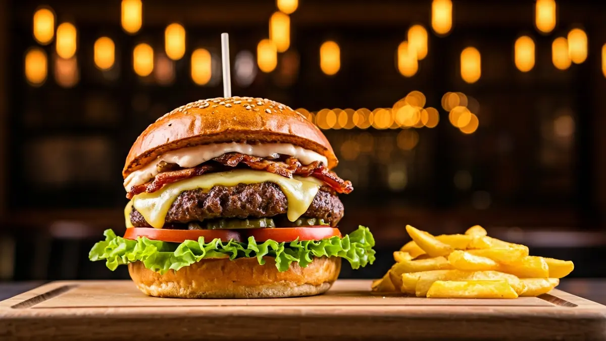 Hanburgesa gourmet baten irudi hurbila, Amorebieta-Etxanoko taberna batean.