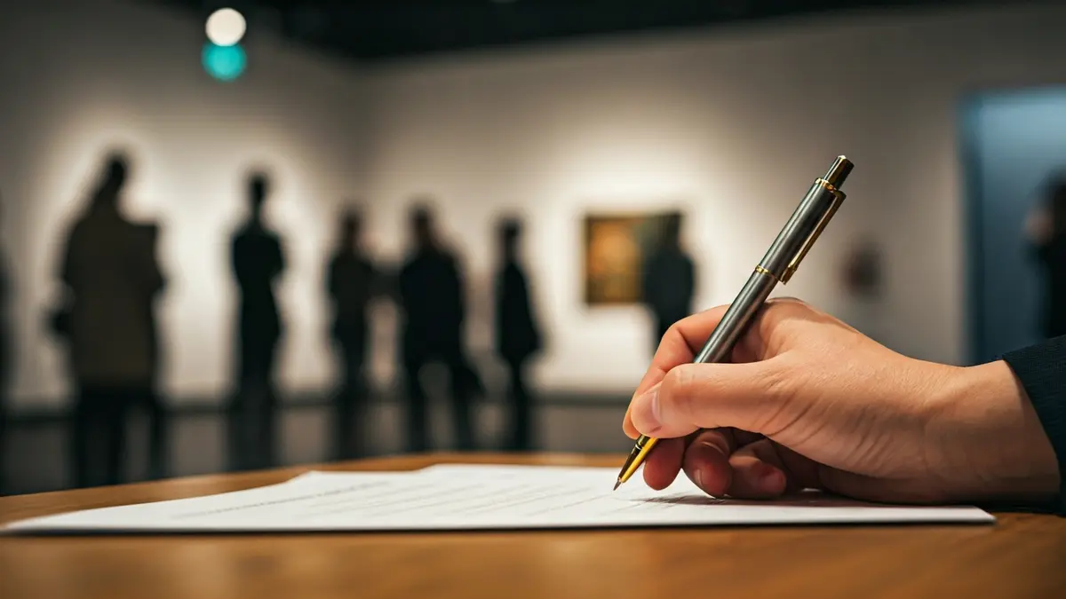 Imagen genérica de una mano con un bolígrafo sobre un documento, en el contexto de una exposición de arte contemporáneo.