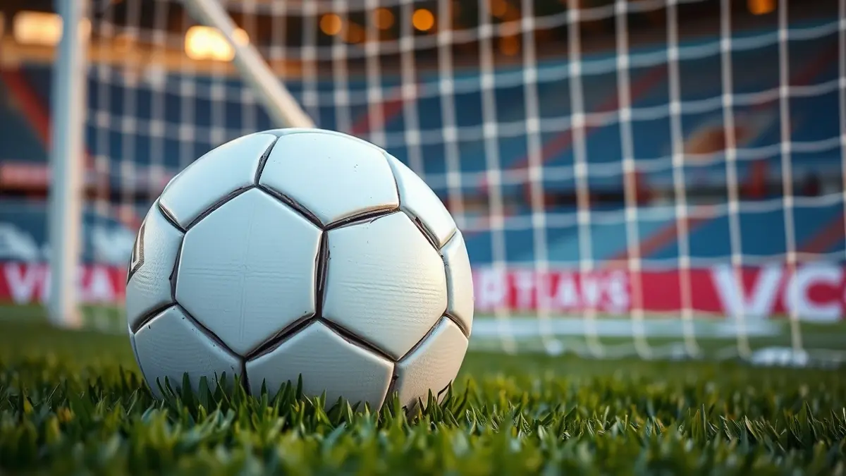 Generic image of a soccer ball on green grass, with a blurred white goal net in the background.