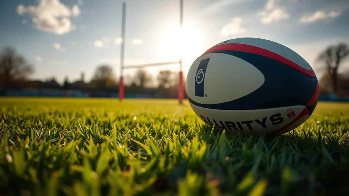Imagen genérica de un balón de rugby sobre césped verde, con los postes de rugby difuminados al fondo.