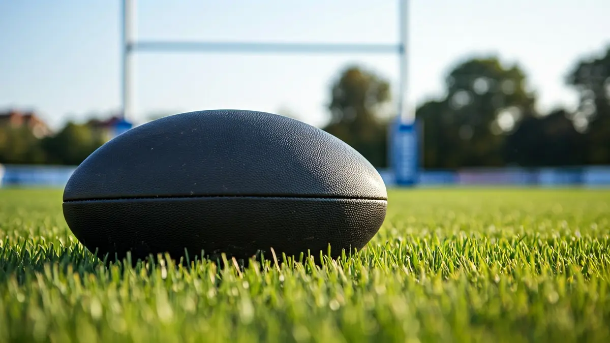 Imagen genérica de un balón de rugby sobre césped, con los postes de la portería difuminados al fondo.