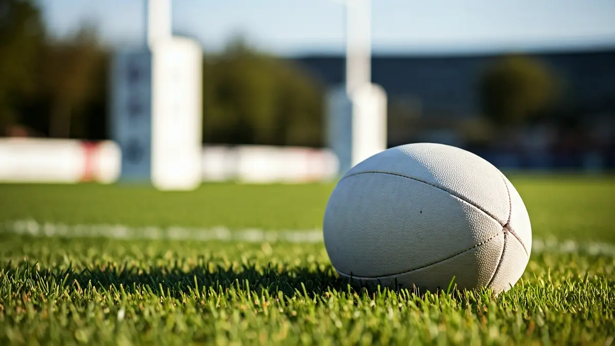 Generic image of a rugby ball on grass, with blurred goalposts in the background.