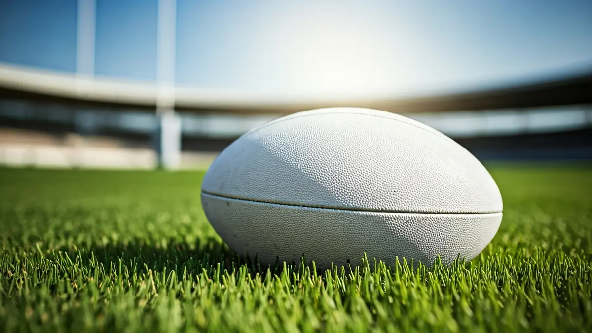 Imagen genérica de un balón de rugby sobre césped verde, símbolo de victoria.