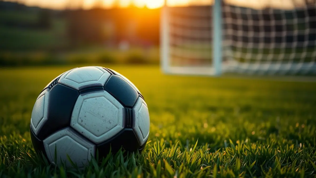 Generic image of a soccer ball on grass, with a blurred goal net in the background.
