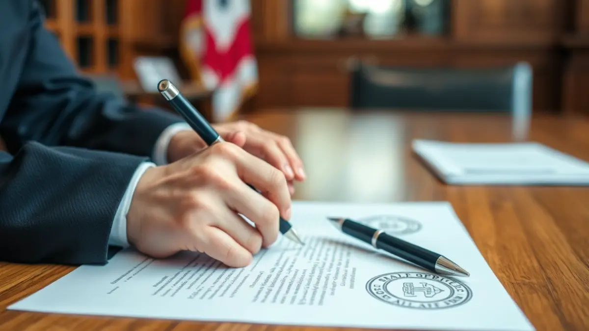Generic image of hands signing an official document.