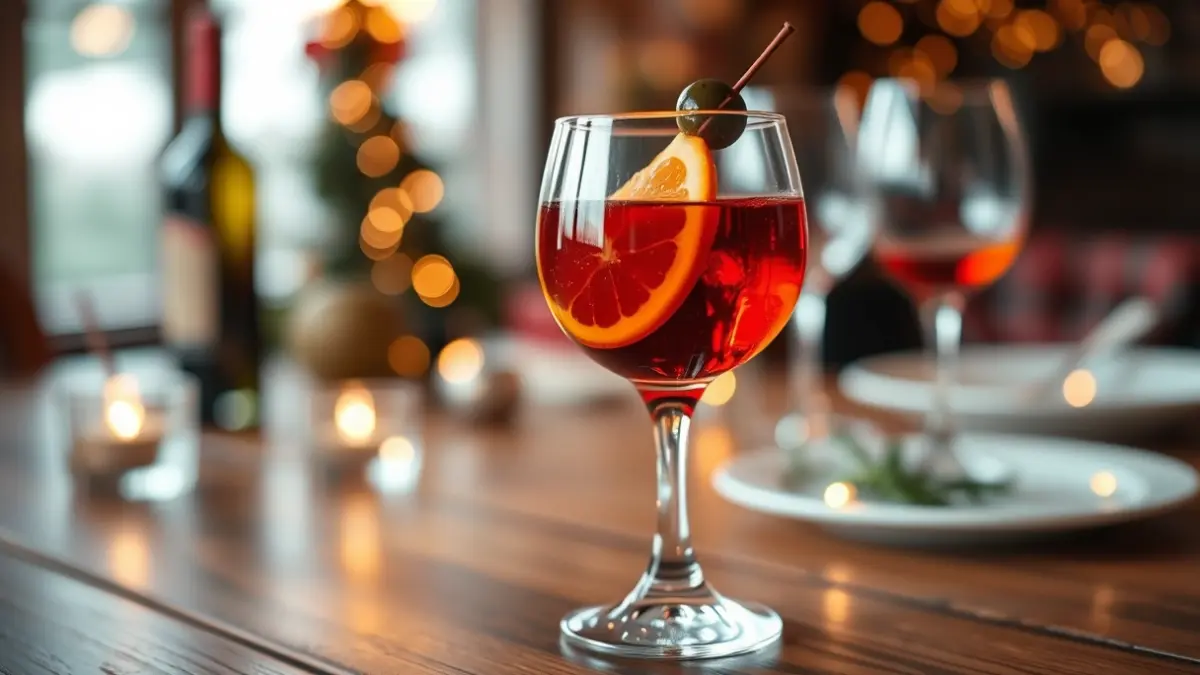 Irudi generikoa vermut edalontzi batena, laranja xerra eta oliba batekin, egurrezko mahai baten gainean.