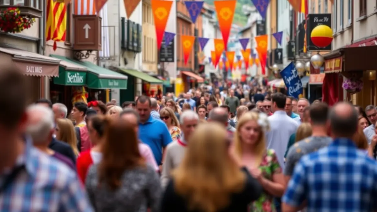 Imagen genérica de una calle festiva en Amurrio, con figuras borrosas y colores vivos.