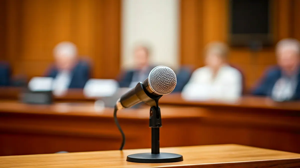 Irudi generikoa: mikrofono bat podium batean, bilera formal baten giroan.