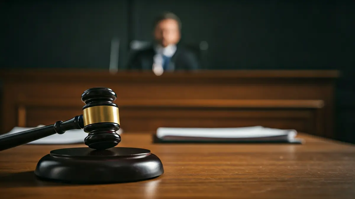 Imagen genérica de un mazo sobre una mesa en un juzgado, con documentos legales borrosos al fondo.