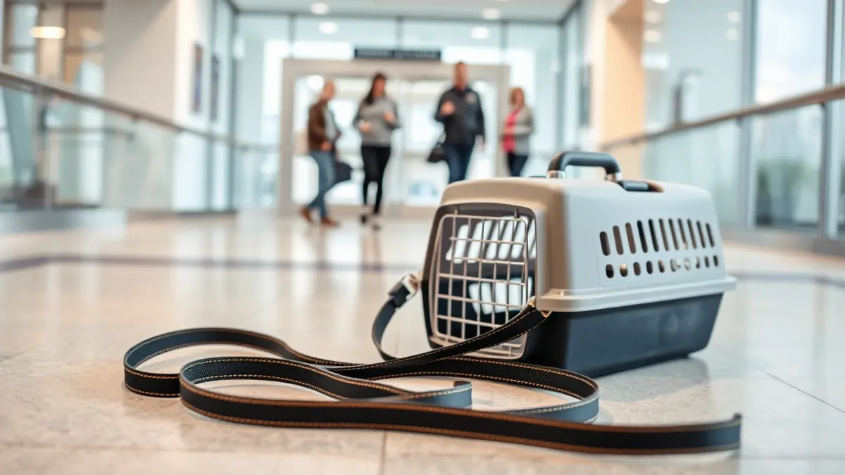 Imagen genérica de una correa y un transportín en la entrada de un edificio municipal.