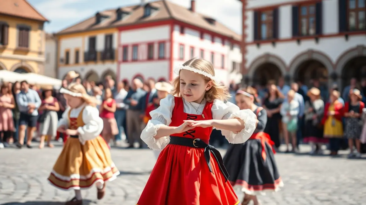 Dantzari txikiak Anoetako plazan euskal dantzak egiten.