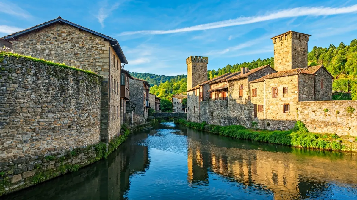 Imagen panorámica del pueblo de Antoñana, mostrando sus casas de piedra y su muralla defensiva.