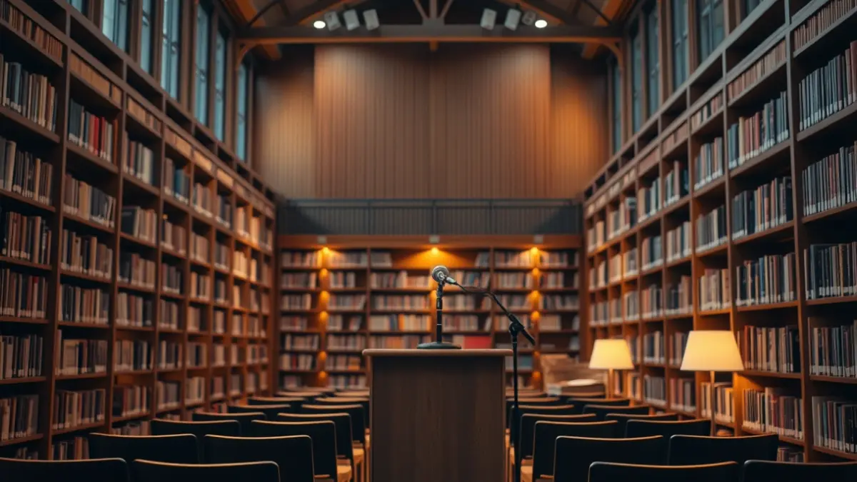 Imagen genérica de un interior de biblioteca con estanterías de madera, un micrófono y sillas vacías.