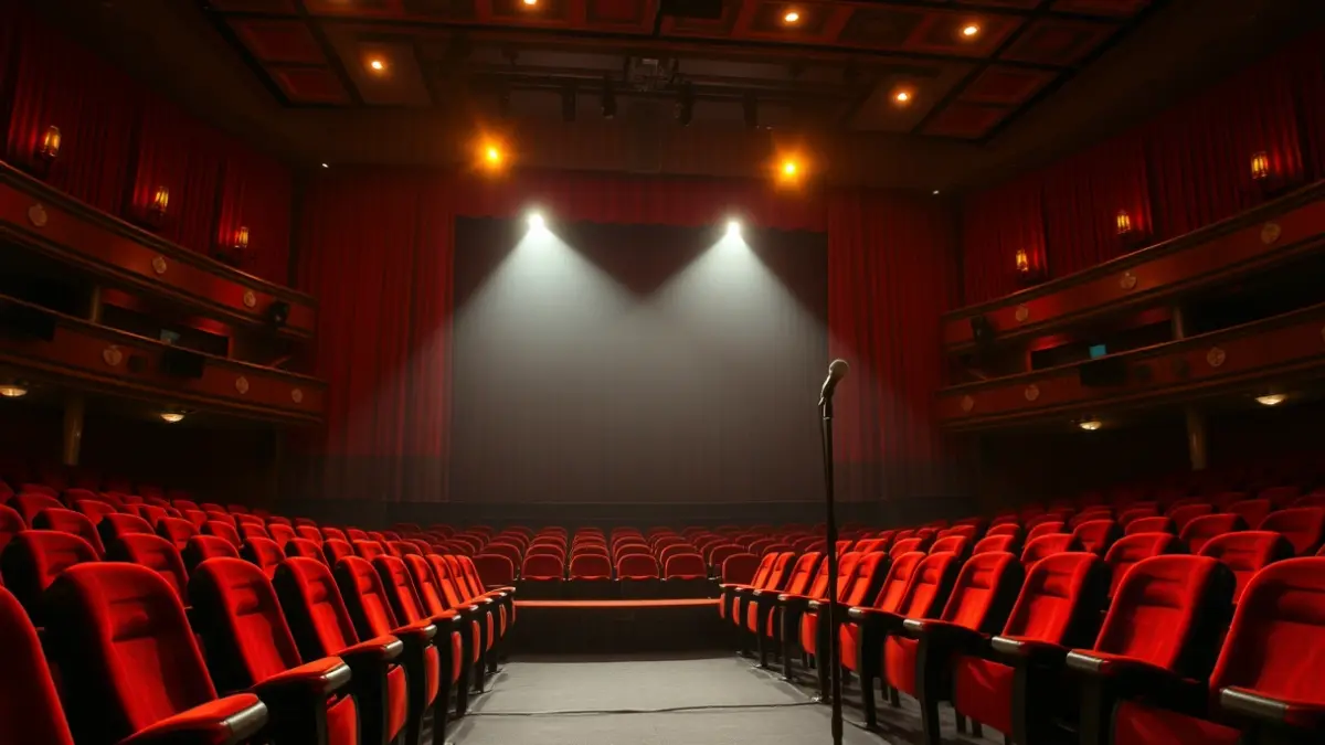 Irudi generikoa antzoki baten barrualdea, eserleku gorriekin eta eszenatoki argiztatu batekin.