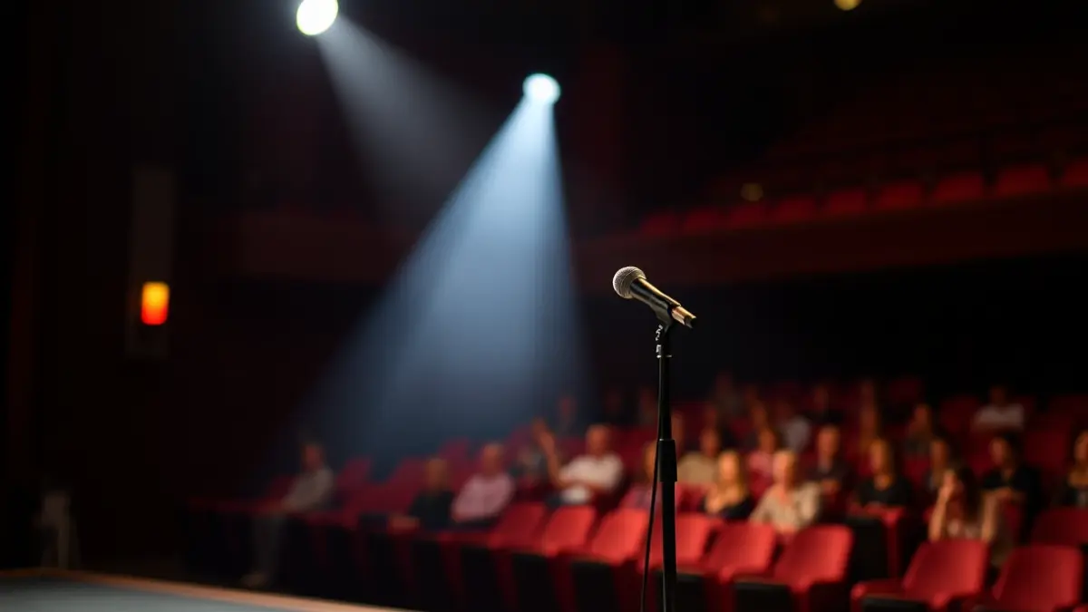 Antzoki bateko eszenatokia, foku bakar batekin eta mikrofono batekin, arte eszenikoen giroa irudikatuz.