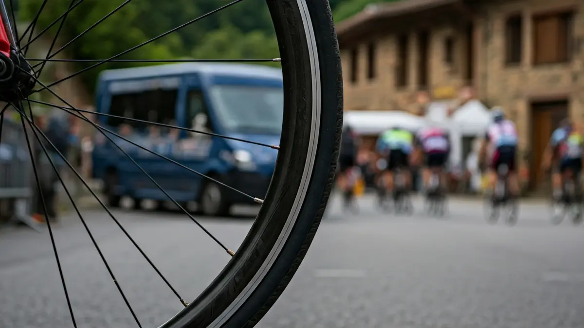 Txirrindulari lasterketa baten irudi generikoa, bizikleta gurpil bat lehen planoan duela.