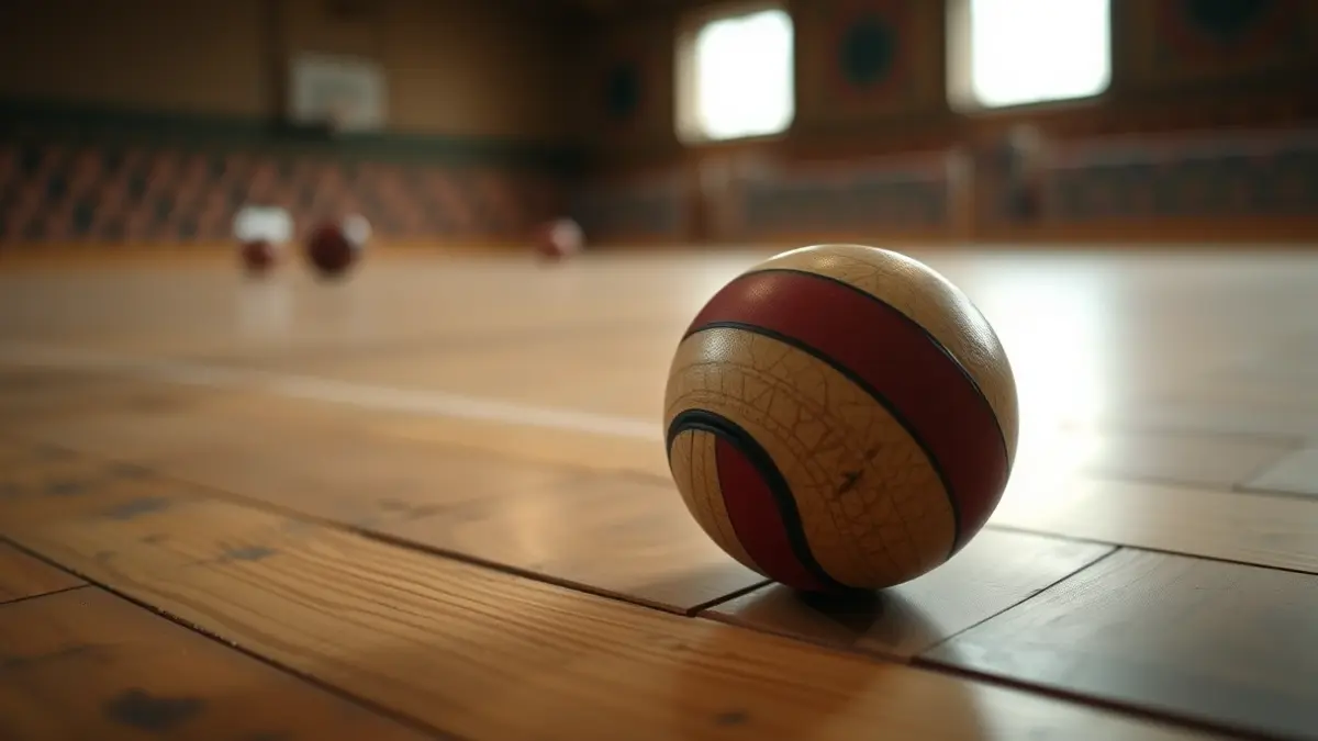 Una pelota de pelota vasca en el suelo de madera de un frontón, con el fondo desenfocado.