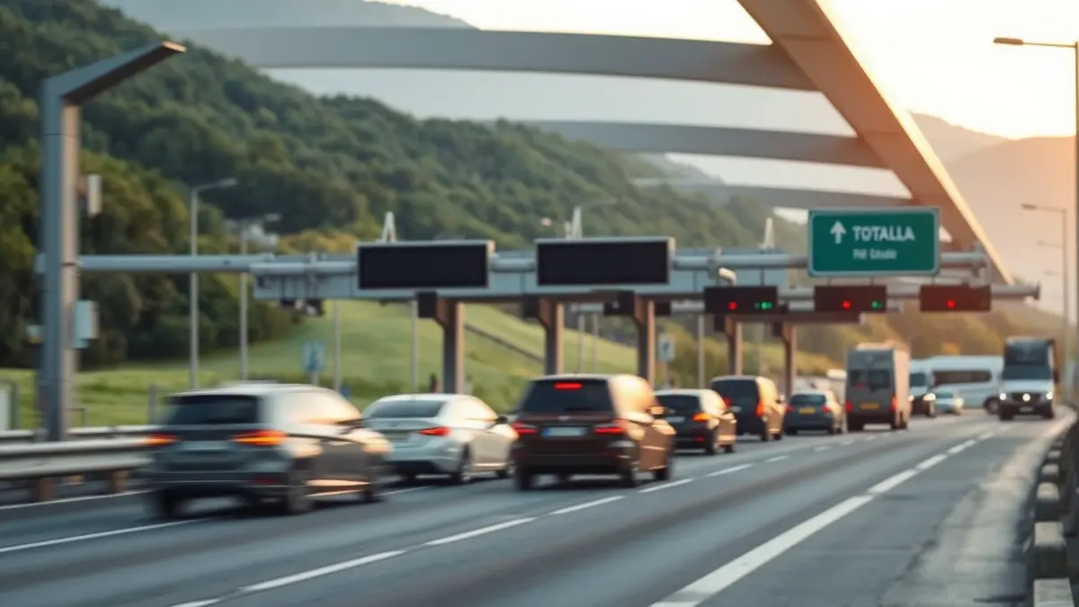 Generic image of a modern highway toll system with electronic sensors and overhead gantries.