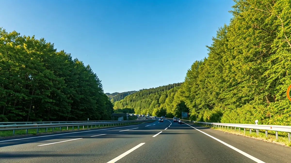 Irudi generikoa errepide bateko desbideratze batena, zuhaitzez inguratuta.
