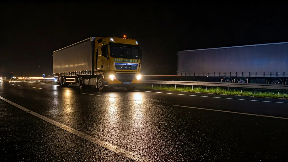 Irudi generikoa errepideko istripu baten argi gorri eta urdinekin, kamioi baten silueta lausoarekin atzealdean.