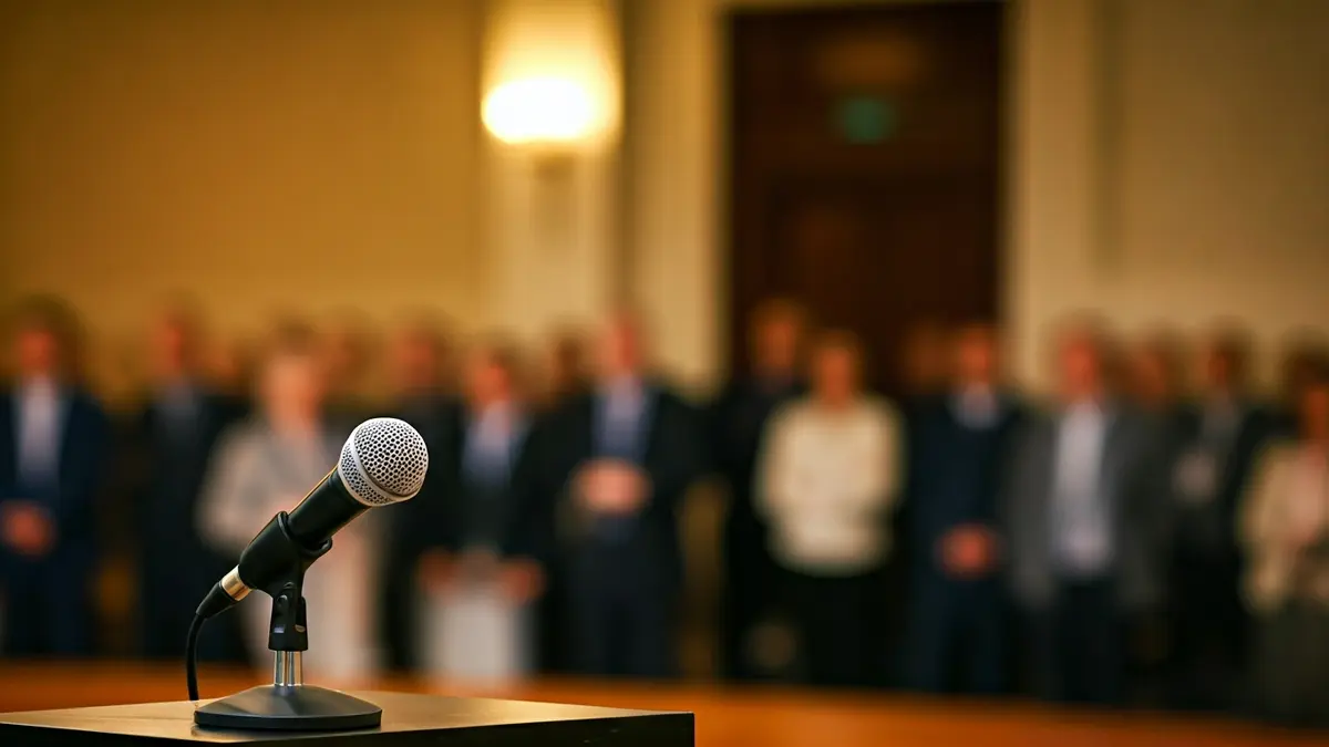 Generic image of a microphone on a podium in a meeting, with blurred people in the background.