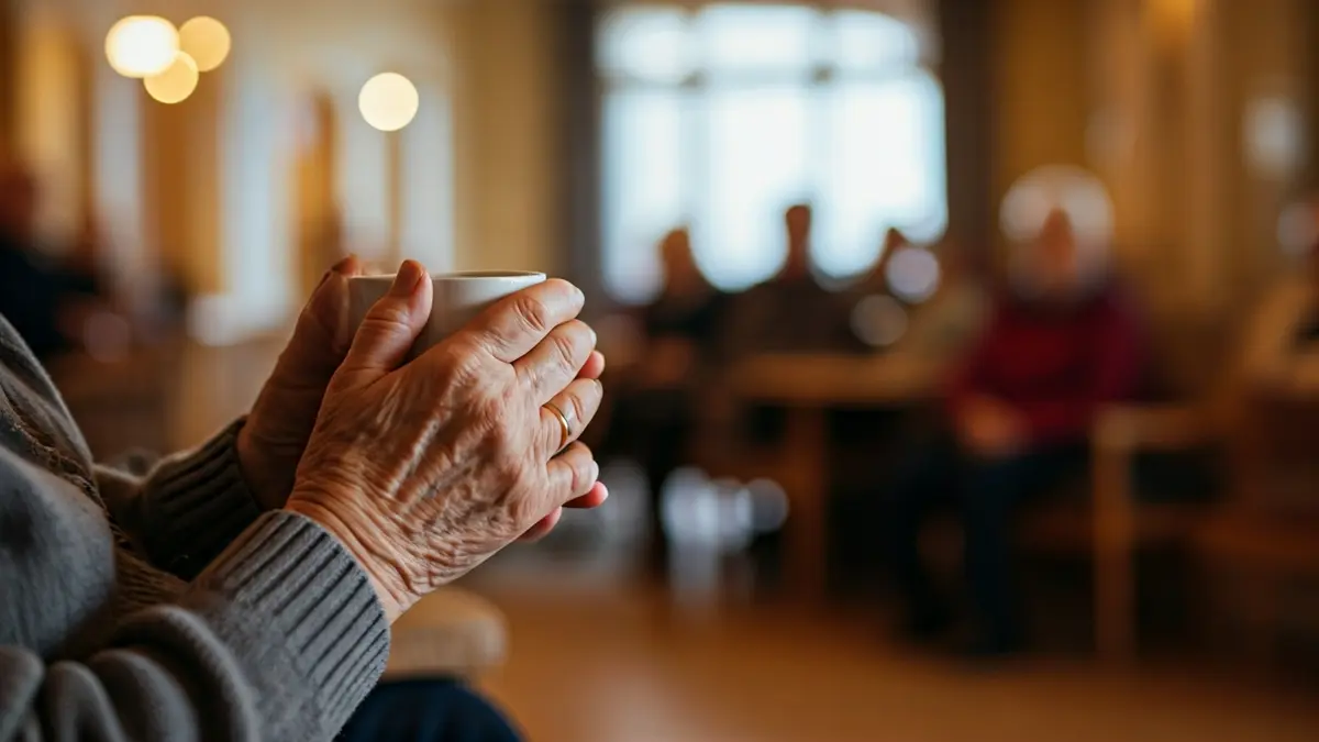 Elderly person's hands holding a cup, with a blurred background of a common area in a residence.
