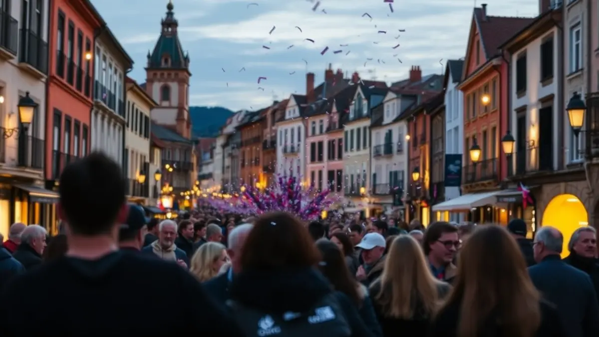 Irudi generikoa jai giroko kale baten ilunabarrean, Euskal Herriko arkitektura tradizionalarekin.
