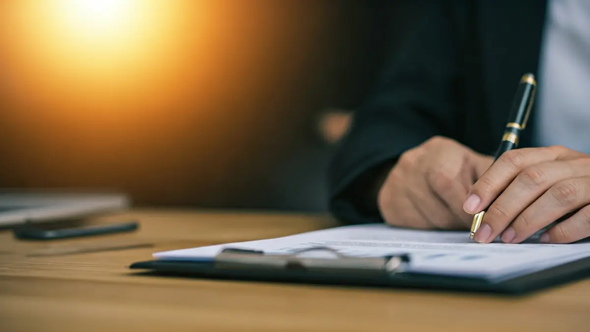 Imagen genérica de manos firmando un documento, con gráficos financieros de fondo.