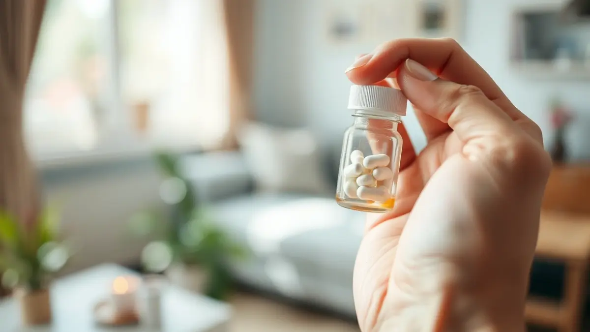 Irudi generikoa botika bat eskuan duela, etxe barruko giro lauso batekin.