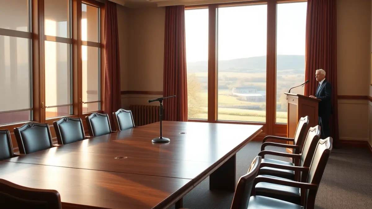 Generic image of a formal meeting room with a long table and a microphone.