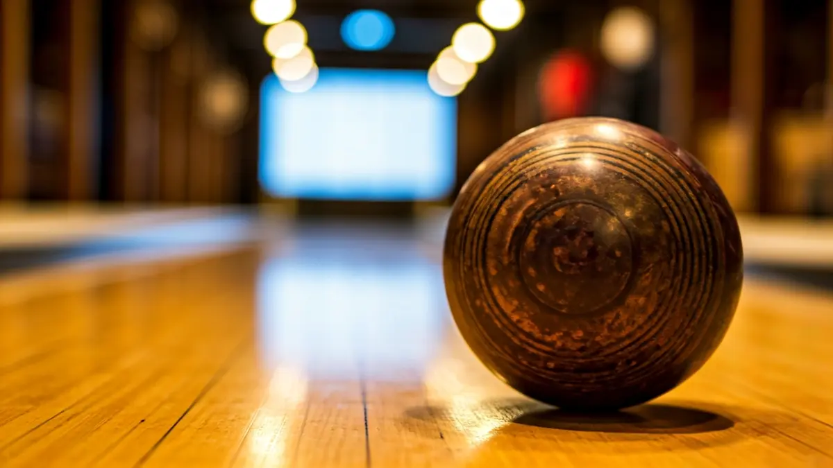 Generic image of a close-up of a traditional Basque bowling ball on a wooden lane.