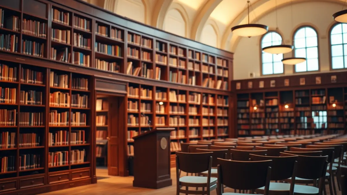 Imagen genérica de un ambiente de lectura acogedor en una biblioteca, con estanterías de libros y un podio con micrófono.